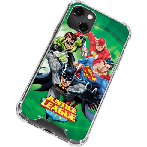 Justice League Team Power Up Green iPhone 14 Plus Clear Case