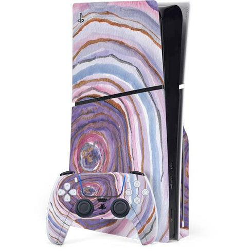 Lilac Watercolor Geode PS5 Slim Disk Bundle Skin