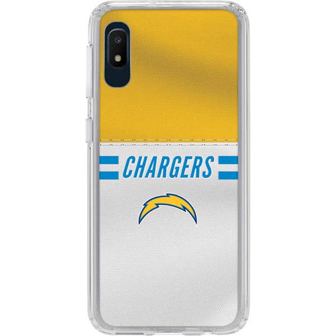 NFL Los Angeles Chargers White Striped Galaxy A10e Clear Case