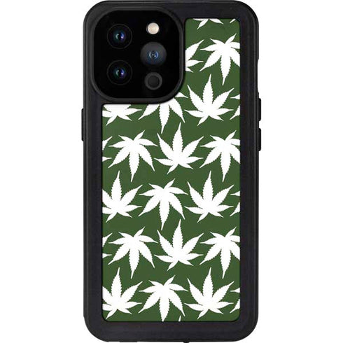 Marijuana Leaf White Pattern iPhone 14 Pro Max Waterproof Case