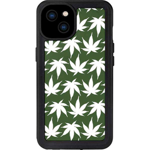 Marijuana Leaf White Pattern iPhone 15 Plus Waterproof Case
