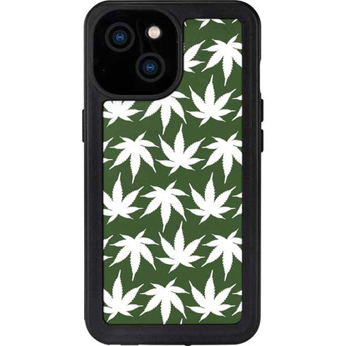 Marijuana Leaf White Pattern iPhone 15 Waterproof Case