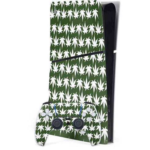 Marijuana Leaf White Pattern PS5 Slim Digital Edition Bundle Skin
