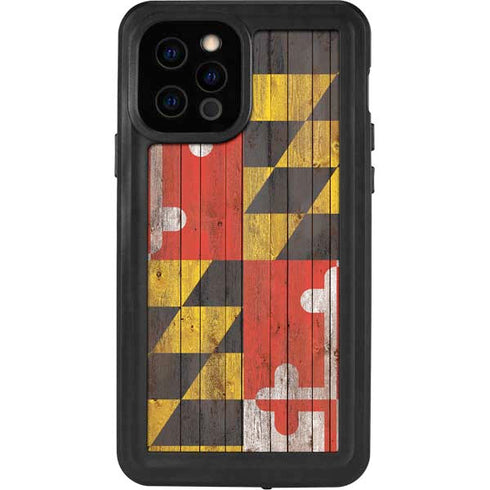 Maryland Flag Dark Wood iPhone 12 Pro Waterproof Case