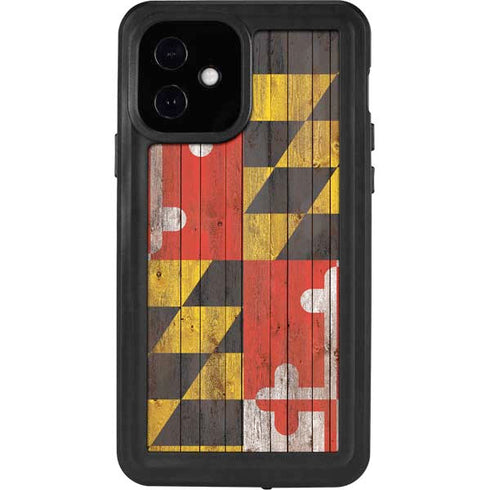 Maryland Flag Dark Wood iPhone 12 Waterproof Case