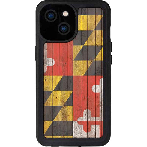 Maryland Flag Dark Wood iPhone 13 Mini Waterproof Case