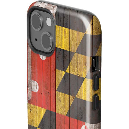 Maryland Flag Dark Wood iPhone 15 Plus Impact Case