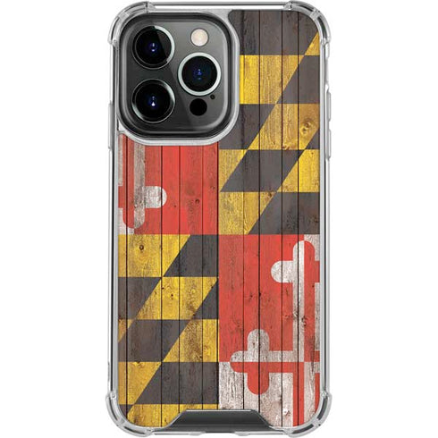 Maryland Flag Dark Wood iPhone 14 Pro Clear Case