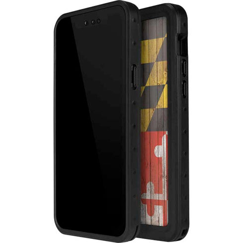 Maryland Flag Dark Wood iPhone 14 Pro Max Waterproof Case