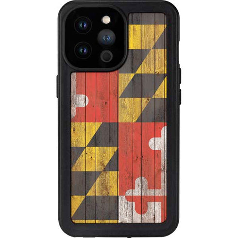 Maryland Flag Dark Wood iPhone 14 Pro Max Waterproof Case