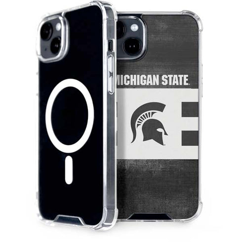 Michigan State University Black and White Stripes iPhone 15 Plus MagSafe Case