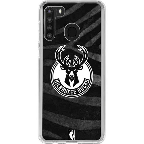 NBA Milwaukee Bucks Animal Print Black Galaxy A21 Clear Case