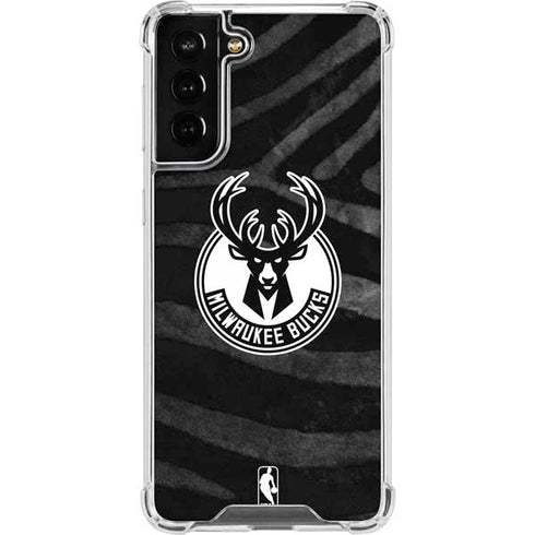 NBA Milwaukee Bucks Animal Print Black Galaxy S21 FE Clear Case