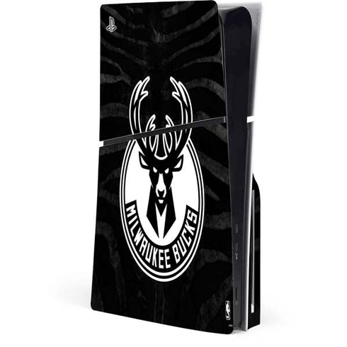 NBA Milwaukee Bucks Animal Print Black PS5 Slim Disk Console Skin