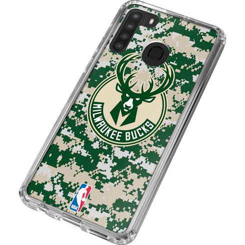 NBA Milwaukee Bucks Camo Digi Galaxy A21 Clear Case