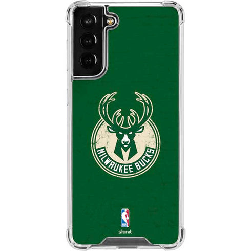 NBA Milwaukee Bucks Green Distressed Galaxy S21 FE Clear Case