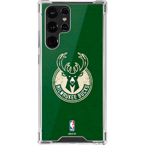 NBA Milwaukee Bucks Green Distressed Galaxy S22 Ultra Clear Case