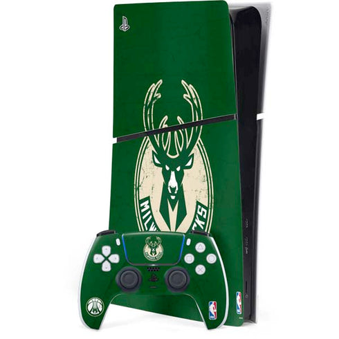 NBA Milwaukee Bucks Green Distressed PS5 Slim Digital Edition Bundle Skin