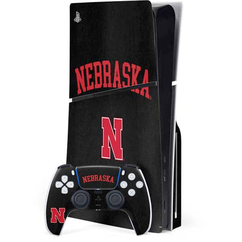 University of Nebraska Collegiate Text Black PS5 Slim Disk Bundle Skin