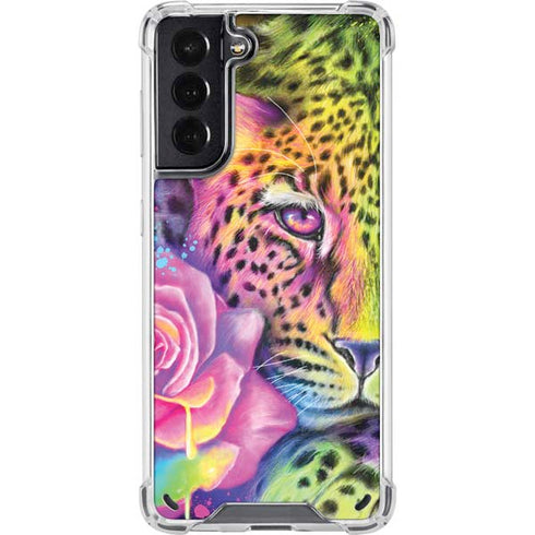 Neon Rainbow Cheetah with Rose by Sheena Pike Galaxy S21 5G Clear Case