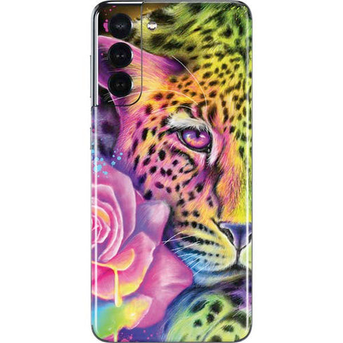Neon Rainbow Cheetah with Rose by Sheena Pike Galaxy S21 5G Skin