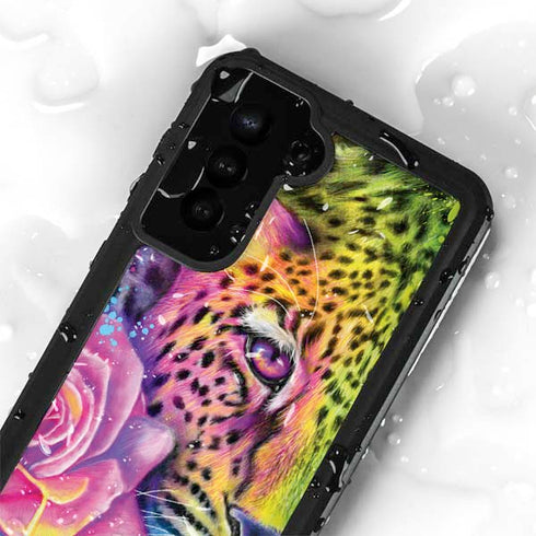 Neon Rainbow Cheetah with Rose by Sheena Pike Galaxy S23 Waterproof Case