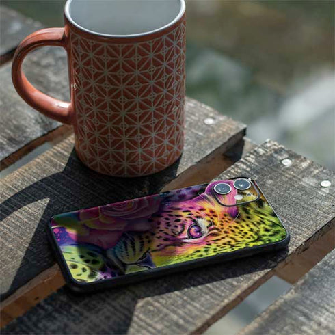 Neon Rainbow Cheetah with Rose by Sheena Pike iPhone 11 Skin