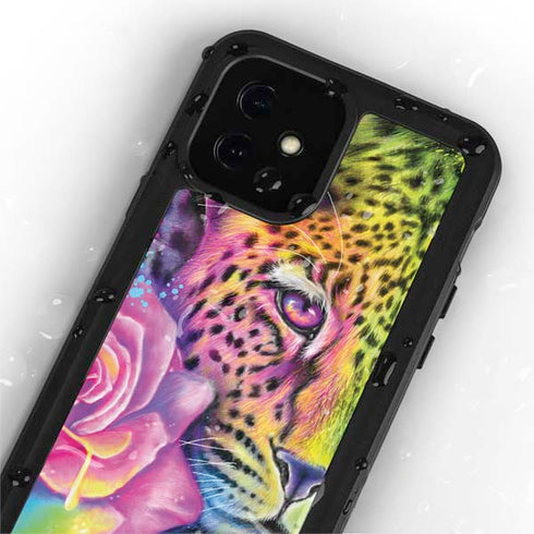 Neon Rainbow Cheetah with Rose by Sheena Pike iPhone 12 Mini Waterproof Case