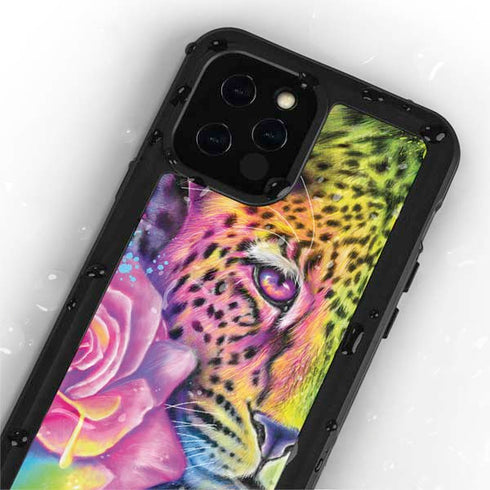 Neon Rainbow Cheetah with Rose by Sheena Pike iPhone 12 Pro Waterproof Case