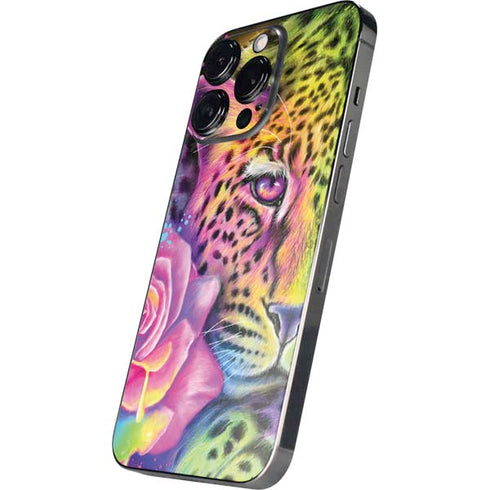 Neon Rainbow Cheetah with Rose by Sheena Pike iPhone 13 Pro Skin
