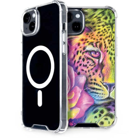 Neon Rainbow Cheetah with Rose by Sheena Pike iPhone 14 MagSafe Case