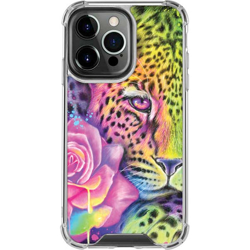 Neon Rainbow Cheetah with Rose by Sheena Pike iPhone 15 Pro Clear Case