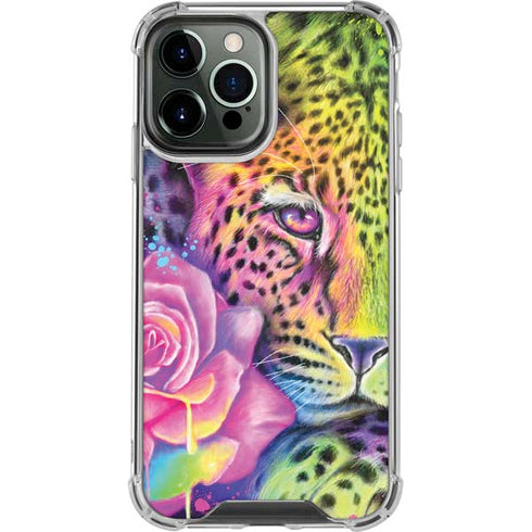 Neon Rainbow Cheetah with Rose by Sheena Pike iPhone 14 Pro Max Clear Case