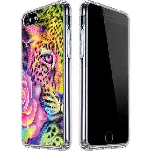 Neon Rainbow Cheetah with Rose by Sheena Pike iPhone SE (2nd & 3rd Gen) Clear Case