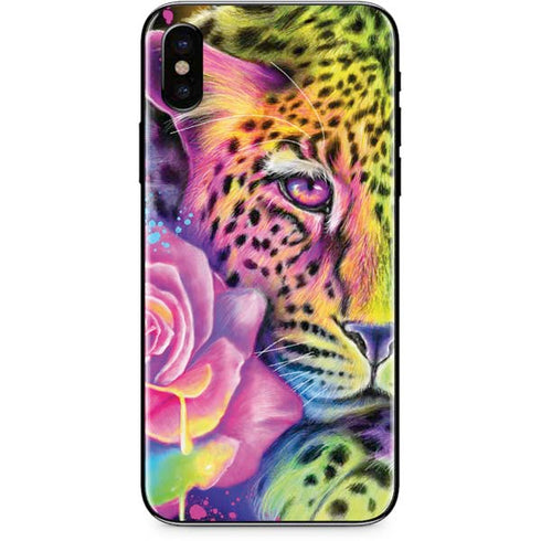 Neon Rainbow Cheetah with Rose by Sheena Pike iPhone X Skin