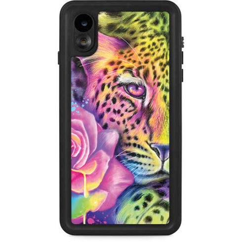 Neon Rainbow Cheetah with Rose by Sheena Pike iPhone XR Waterproof Case