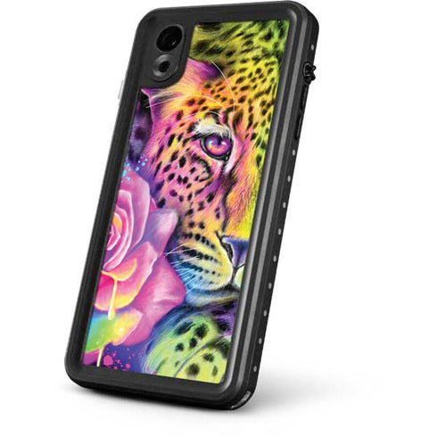Neon Rainbow Cheetah with Rose by Sheena Pike iPhone XR Waterproof Case