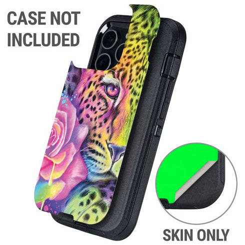 Neon Rainbow Cheetah with Rose by Sheena Pike Otterbox Defender iPhone Skin