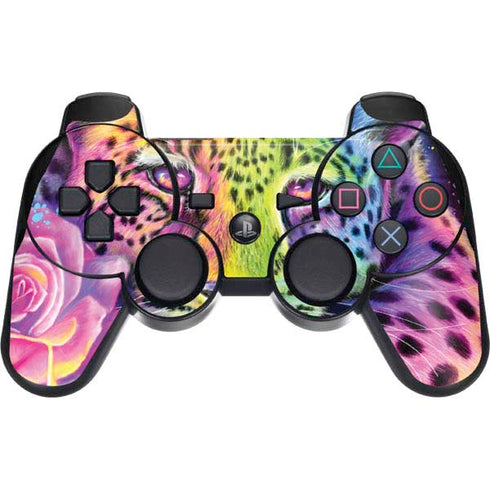 Neon Rainbow Cheetah with Rose by Sheena Pike PS3 Dual Shock wireless controller Skin