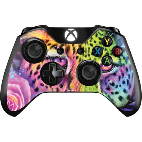 Neon Rainbow Cheetah with Rose by Sheena Pike Xbox One Controller Skin