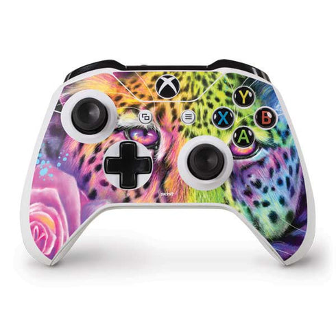 Neon Rainbow Cheetah with Rose by Sheena Pike Xbox One S Controller Skin