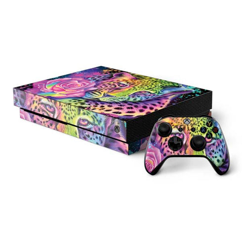 Neon Rainbow Cheetah with Rose by Sheena Pike Xbox One X Bundle Skin