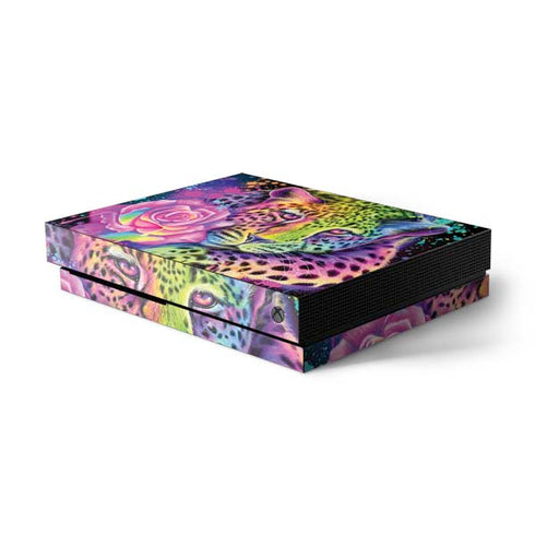 Neon Rainbow Cheetah with Rose by Sheena Pike Xbox One X Console Skin