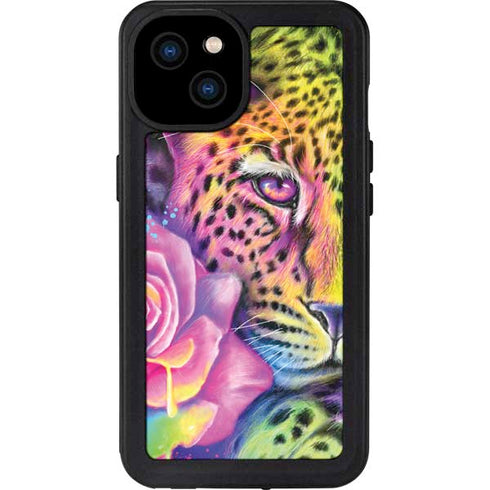 Neon Rainbow Cheetah with Rose by Sheena Pike iPhone 15 Plus Waterproof Case
