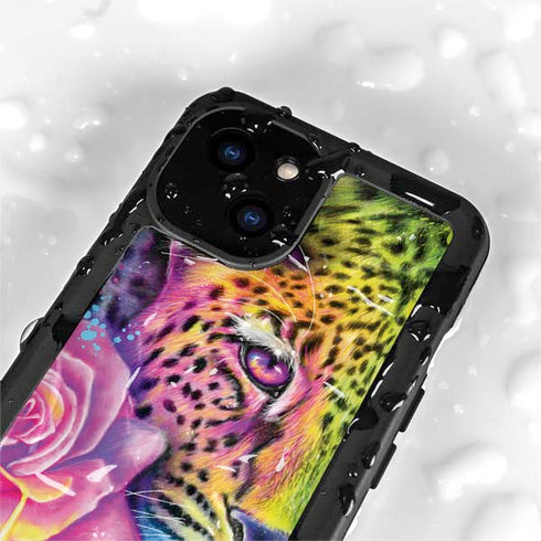 Neon Rainbow Cheetah with Rose by Sheena Pike iPhone 15 Plus Waterproof Case