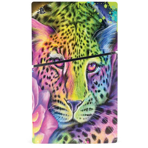 Neon Rainbow Cheetah with Rose by Sheena Pike PS5 Slim Disk Bundle Skin
