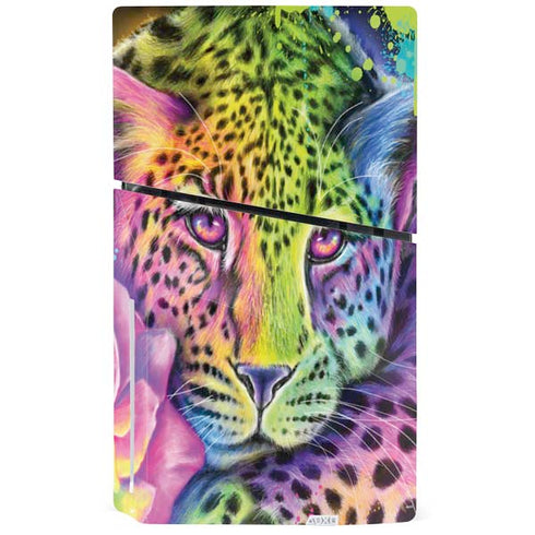 Neon Rainbow Cheetah with Rose by Sheena Pike PS5 Slim Disk Bundle Skin