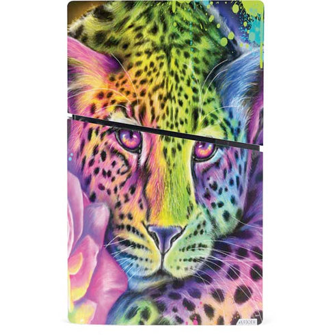 Neon Rainbow Cheetah with Rose by Sheena Pike PS5 Slim Digital Edition Bundle Skin