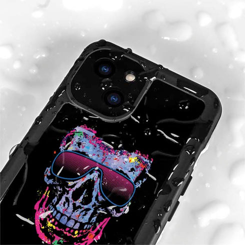 Liquid Blue Neon Skull with Glasses iPhone 13 Mini Waterproof Case