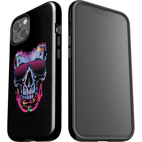 Liquid Blue Neon Skull with Glasses iPhone 15 Plus Impact Case
